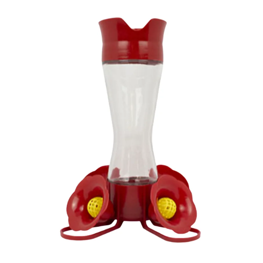Perky-Pet glass hummingbird feeder with four ports and yellow bee guards