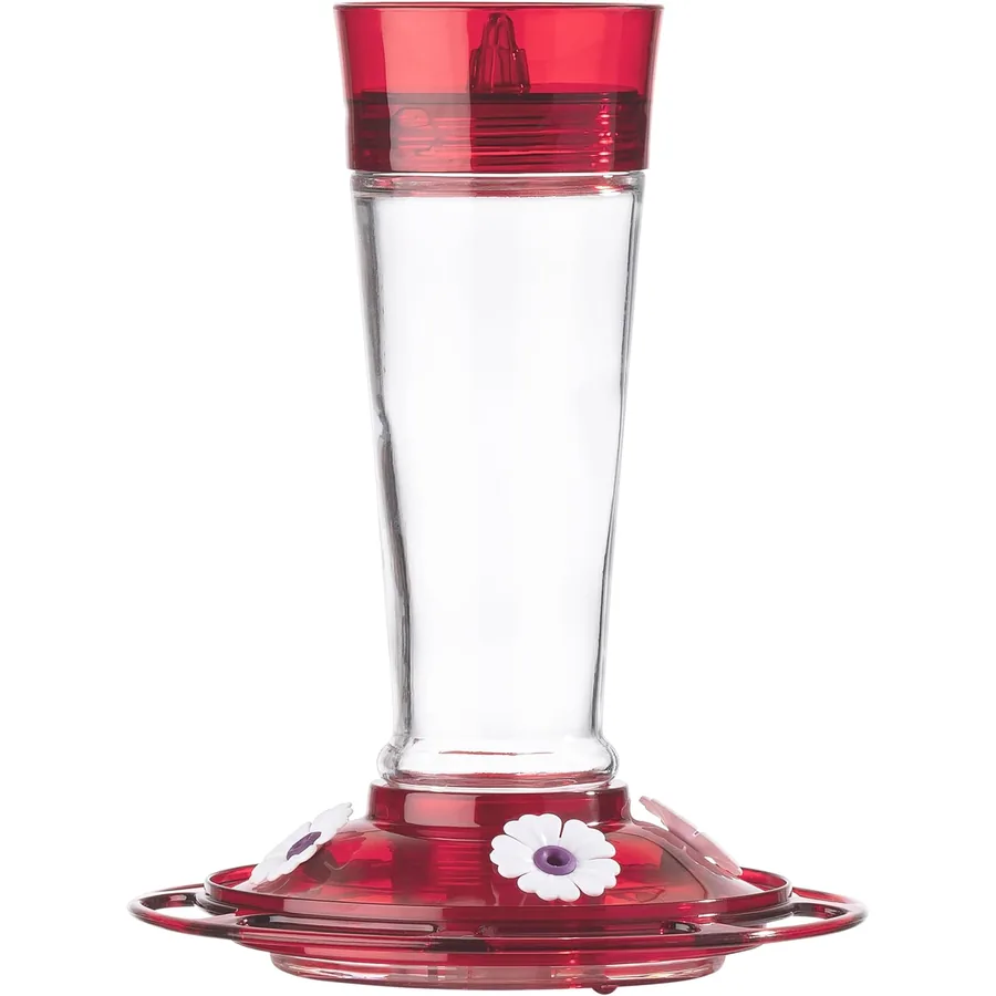 More Birds Ruby hummingbird feeder with a glass bottle and ruby red base